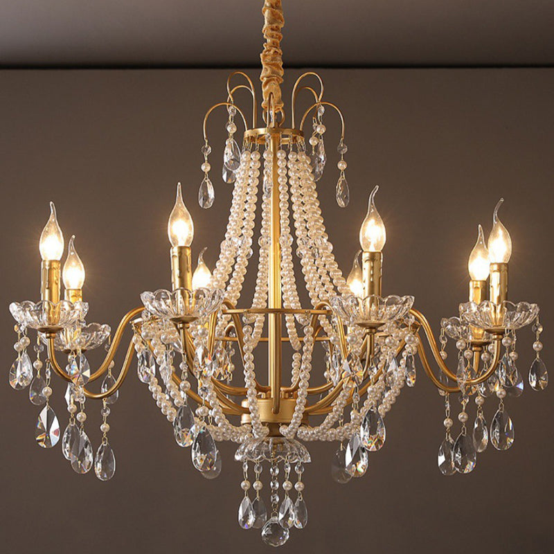 Traditional French Pearl Candle Round Iron Crystal Glass 3/6/8-Light Chandelier For Living Room