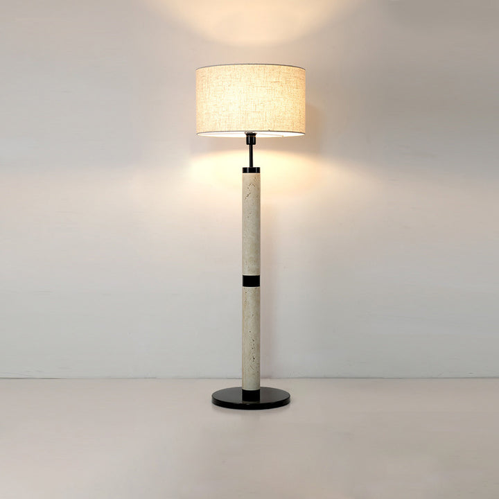 Traditional Japanese Round Cylindrical Yellow Travertine Fabric 1-Light Standing Floor Lamp For Living Room