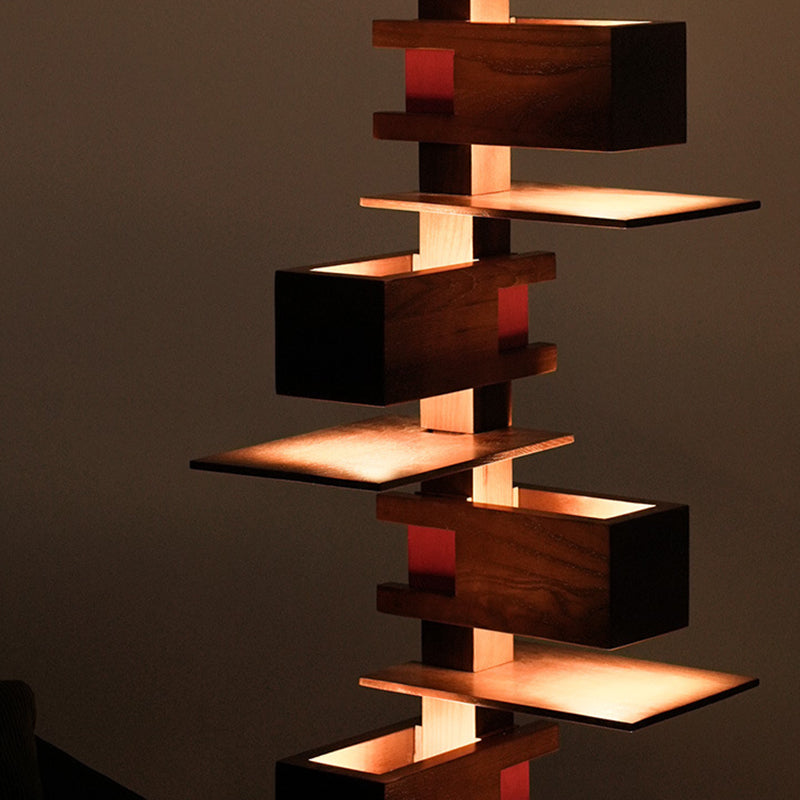 Contemporary Creative Staggered Rectangular Oak 10-Light Standing Floor Lamp For Living Room