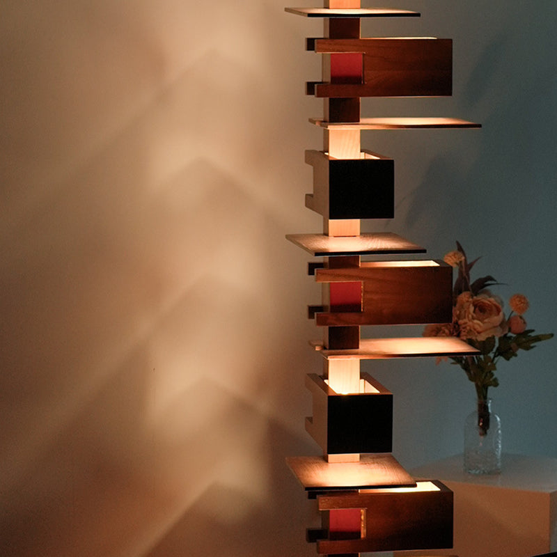 Contemporary Creative Staggered Rectangular Oak 10-Light Standing Floor Lamp For Living Room
