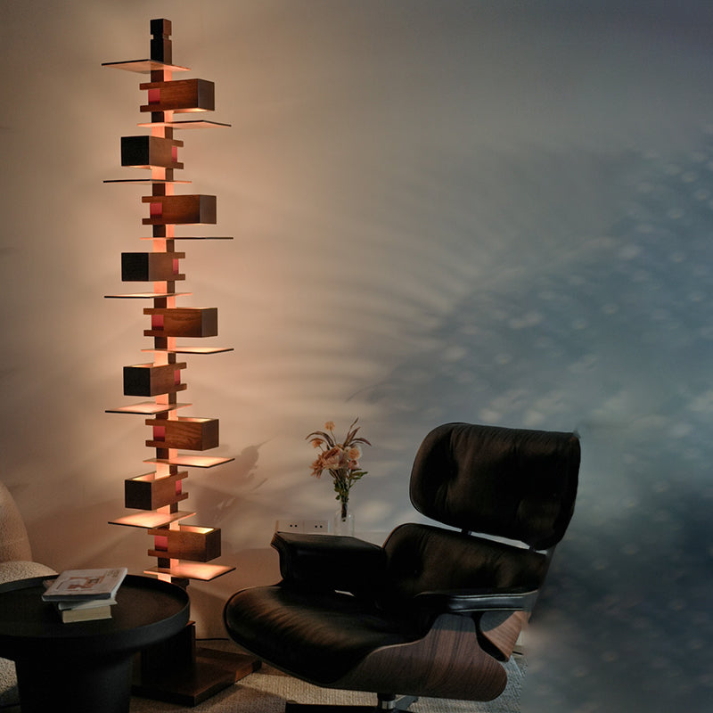 Contemporary Creative Staggered Rectangular Oak 10-Light Standing Floor Lamp For Living Room
