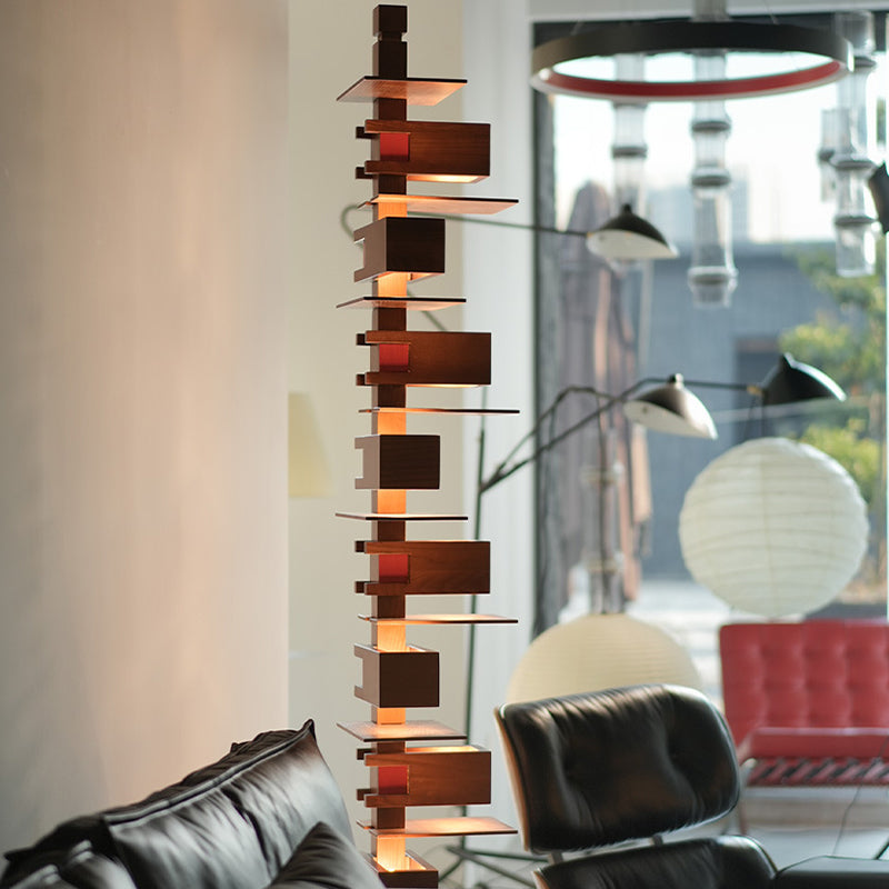 Contemporary Creative Staggered Rectangular Oak 10-Light Standing Floor Lamp For Living Room