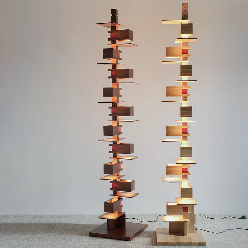 Contemporary Creative Staggered Rectangular Oak 10-Light Standing Floor Lamp For Living Room