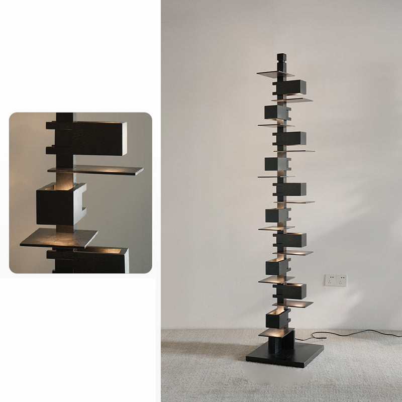 Contemporary Creative Staggered Rectangular Oak 10-Light Standing Floor Lamp For Living Room