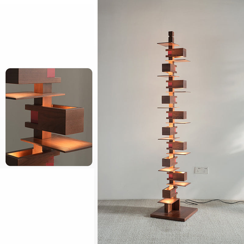 Contemporary Creative Staggered Rectangular Oak 10-Light Standing Floor Lamp For Living Room