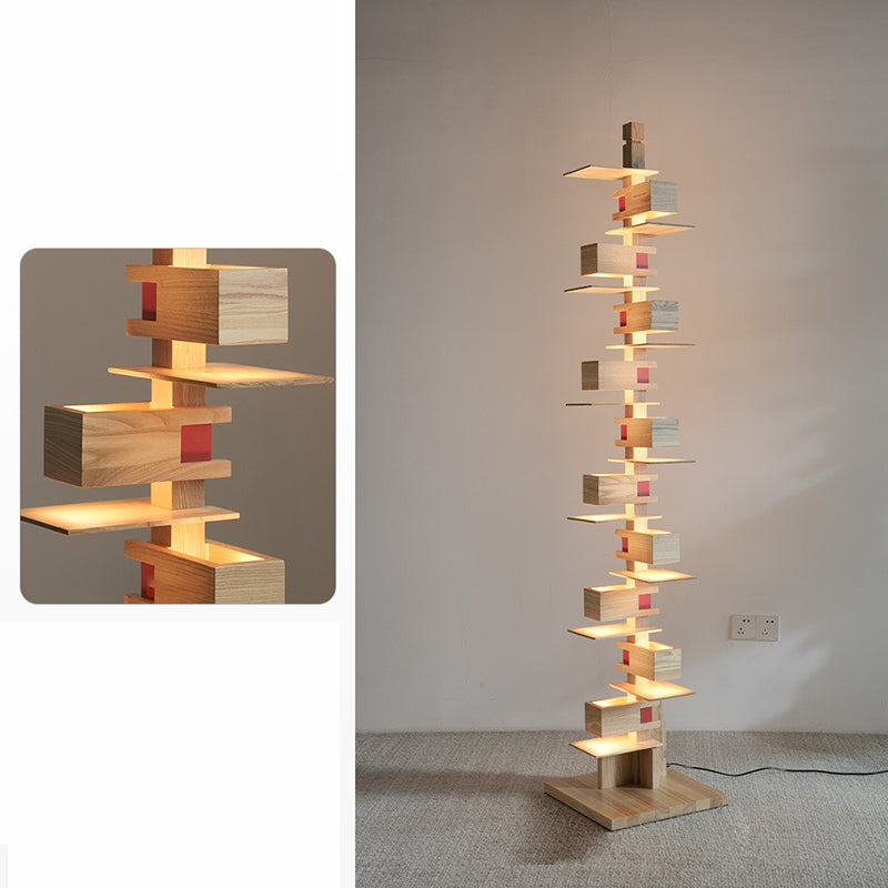 Contemporary Creative Staggered Rectangular Oak 10-Light Standing Floor Lamp For Living Room