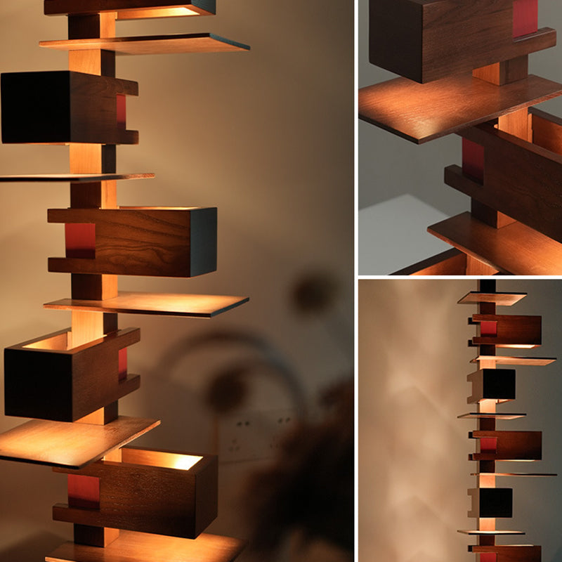 Contemporary Creative Staggered Rectangular Oak 10-Light Standing Floor Lamp For Living Room