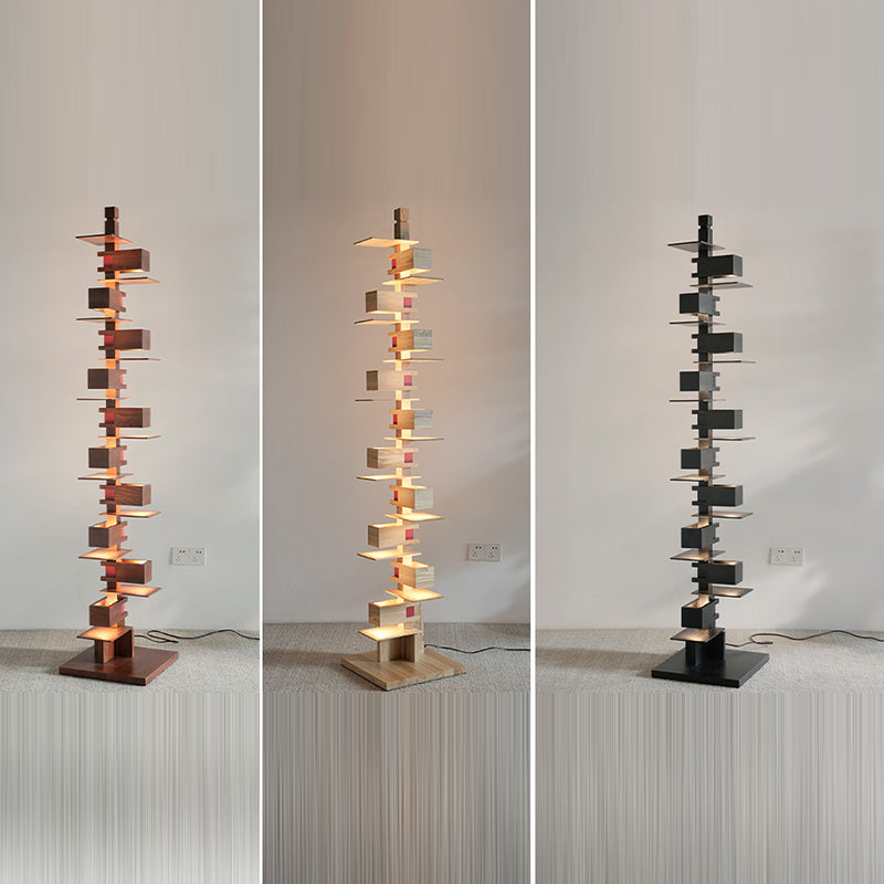 Contemporary Creative Staggered Rectangular Oak 10-Light Standing Floor Lamp For Living Room