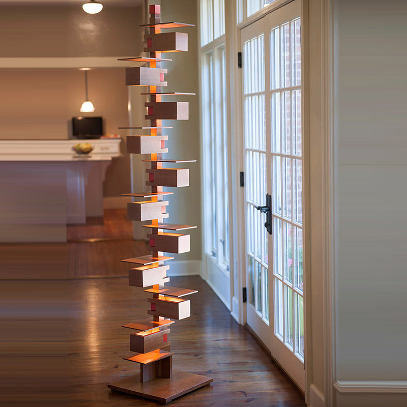 Contemporary Creative Staggered Rectangular Oak 10-Light Standing Floor Lamp For Living Room