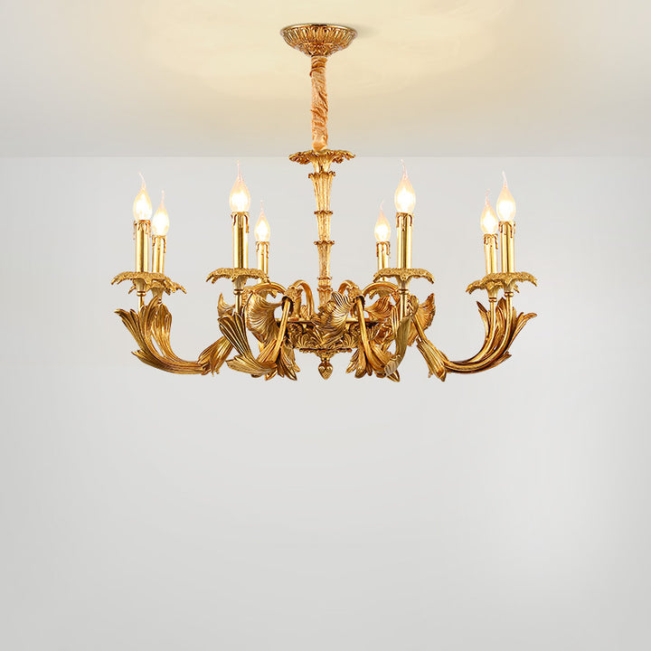 Traditional French Carved Candle Shape Twig Round Copper 6/8/10-Light Chandelier For Living Room