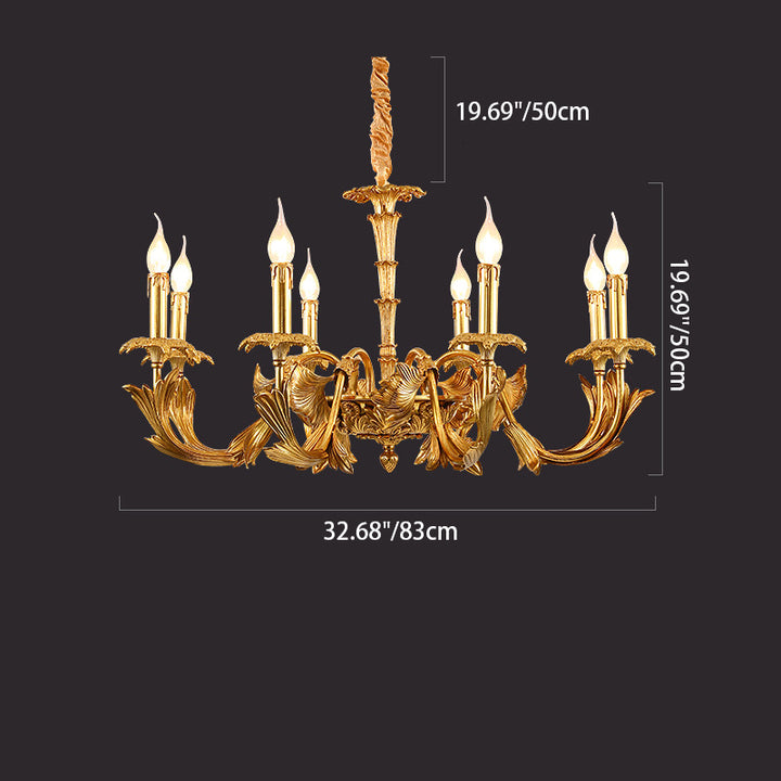 Traditional French Carved Candle Shape Twig Round Copper 6/8/10-Light Chandelier For Living Room