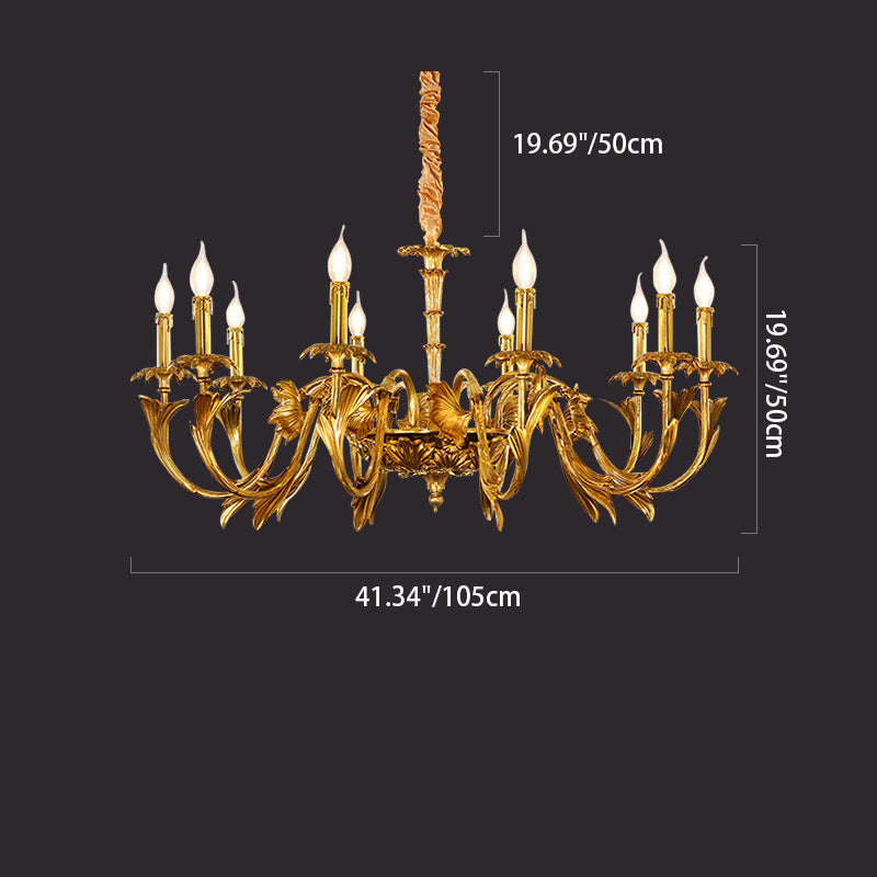 Traditional French Carved Candle Shape Twig Round Copper 6/8/10-Light Chandelier For Living Room