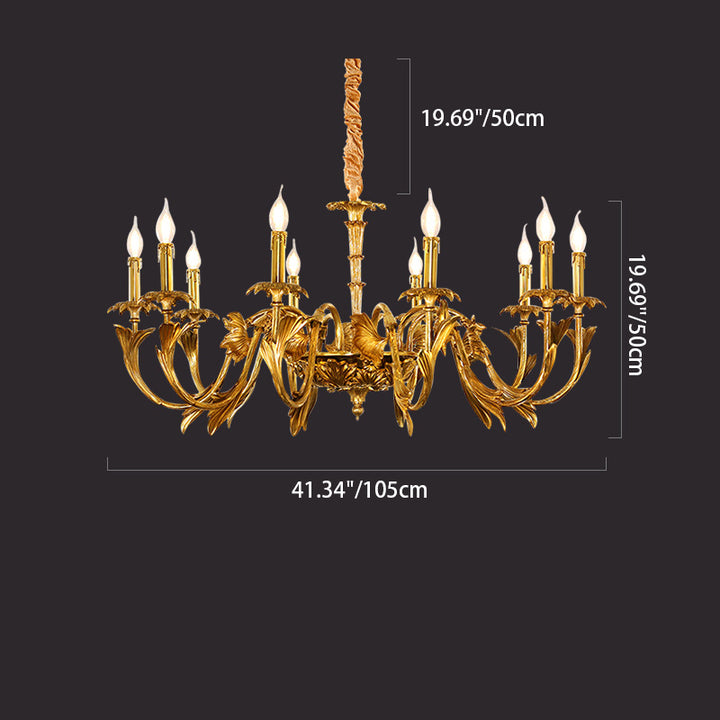 Traditional French Carved Candle Shape Twig Round Copper 6/8/10-Light Chandelier For Living Room