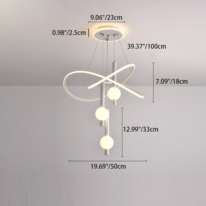 Lustre LED contemporain scandinave en aluminium, fer et acrylique avec cylindre, orbe et courbe pour chambre à coucher 