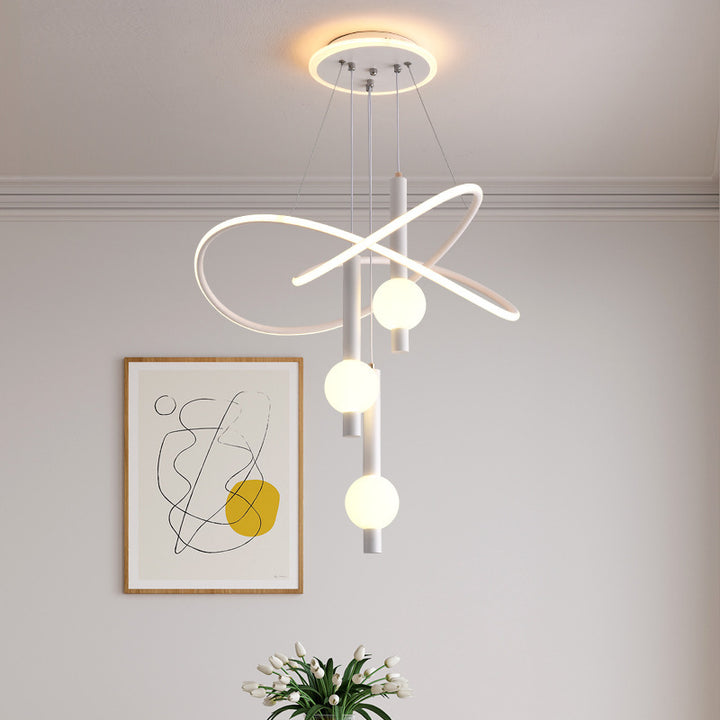 Lustre LED contemporain scandinave en aluminium, fer et acrylique avec cylindre, orbe et courbe pour chambre à coucher 