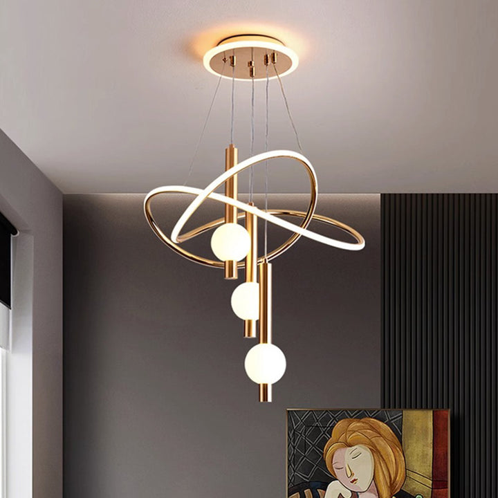 Lustre LED contemporain scandinave en aluminium, fer et acrylique avec cylindre, orbe et courbe pour chambre à coucher 