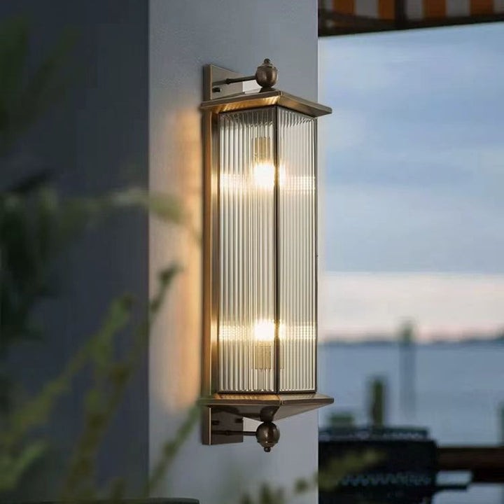 Traditionelle chinesische wasserdichte rechteckige Kupfer-Glas 1/2 Licht Wandleuchte für den Außenbereich 