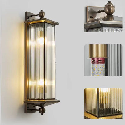 Applique Murale Traditionnelle Chinoise Étanche Rectangle en Cuivre et Verre 1/2 Lumière Pour Extérieur 