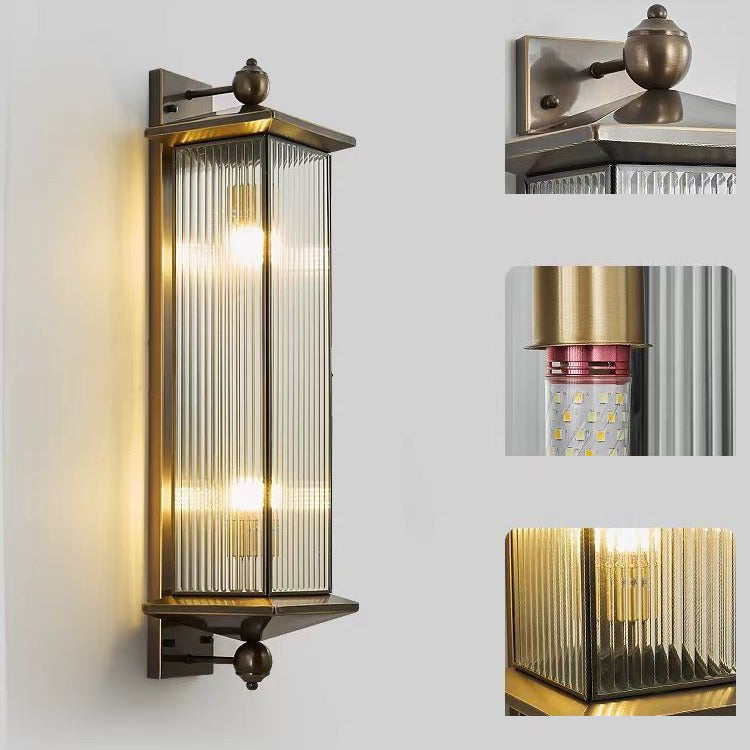 Applique Murale Traditionnelle Chinoise Étanche Rectangle en Cuivre et Verre 1/2 Lumière Pour Extérieur 