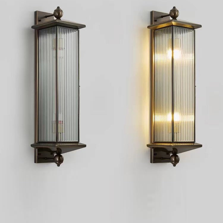 Applique Murale Traditionnelle Chinoise Étanche Rectangle en Cuivre et Verre 1/2 Lumière Pour Extérieur 