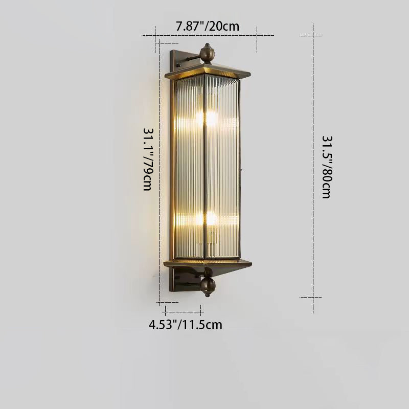 Applique Murale Traditionnelle Chinoise Étanche Rectangle en Cuivre et Verre 1/2 Lumière Pour Extérieur 