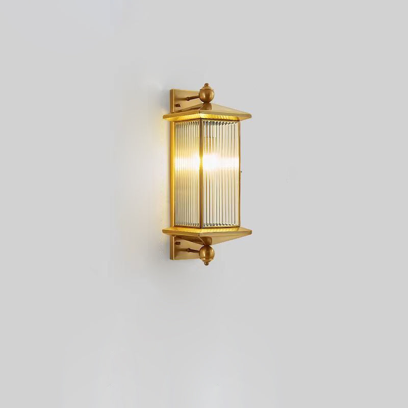 Applique Murale Traditionnelle Chinoise Étanche Rectangle en Cuivre et Verre 1/2 Lumière Pour Extérieur 