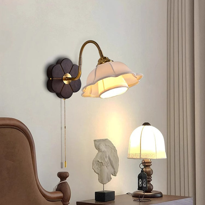 Traditional French Floral Round Wood Alloy Fabric 1-Light Wall Sconce Lamp For Bedroom