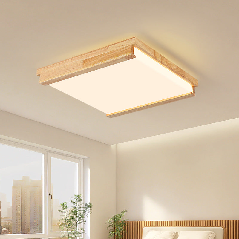 Plafonnier LED carré rectangulaire minimaliste moderne en bois de caoutchouc et acrylique pour chambre à coucher 