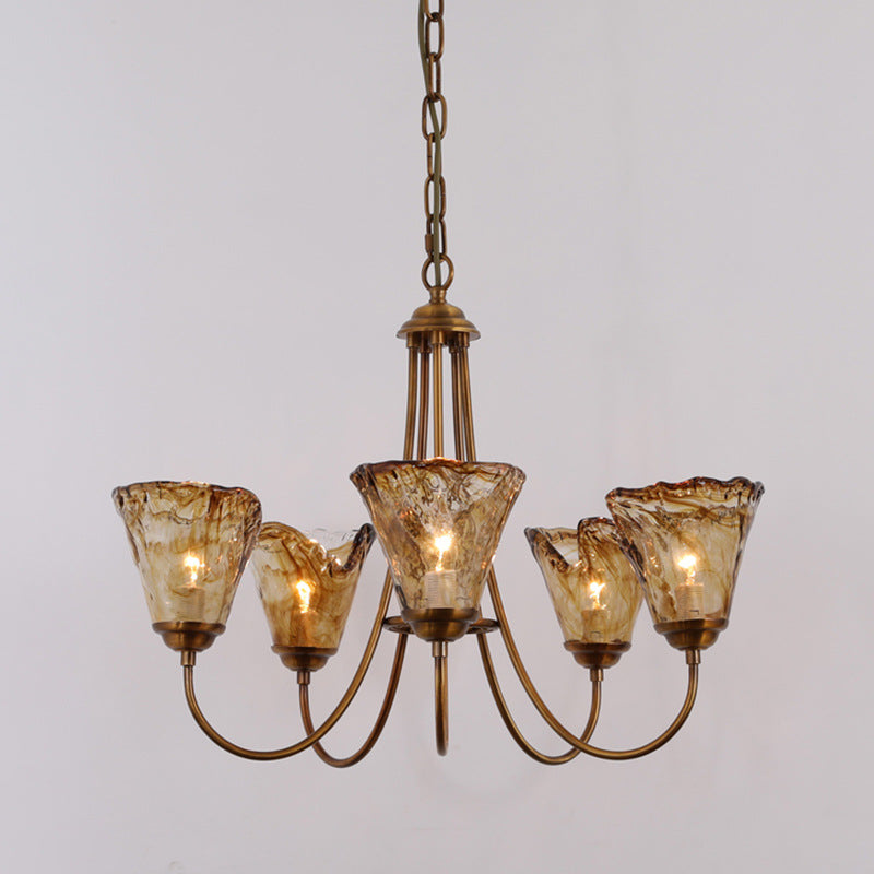 Traditional Vintage Round Prismatic Copper Glass 5/6 Light Chandelier For Living Room