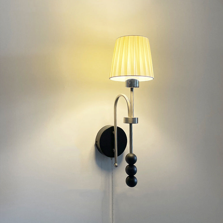 Modern Art Deco Round Cylinder Iron Wood Glass Fabric 1-Light Wall Sconce Lamp For Bedroom