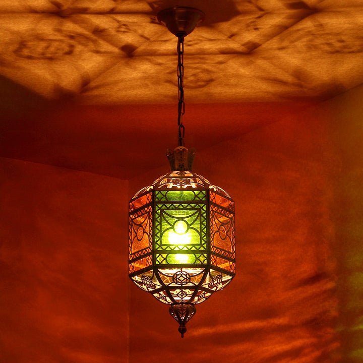 Traditional Vintage Muslim Hexagonal Prism Copper Glass 1-Light Pendant Light For Dining Room