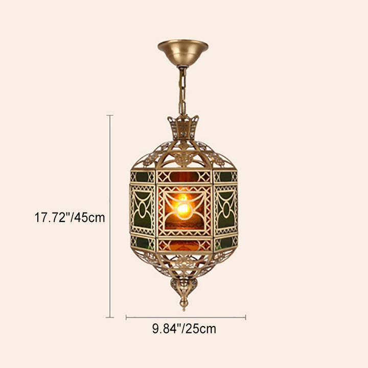 Traditional Vintage Muslim Hexagonal Prism Copper Glass 1-Light Pendant Light For Dining Room