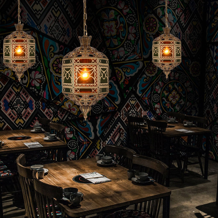 Traditional Vintage Muslim Hexagonal Prism Copper Glass 1-Light Pendant Light For Dining Room