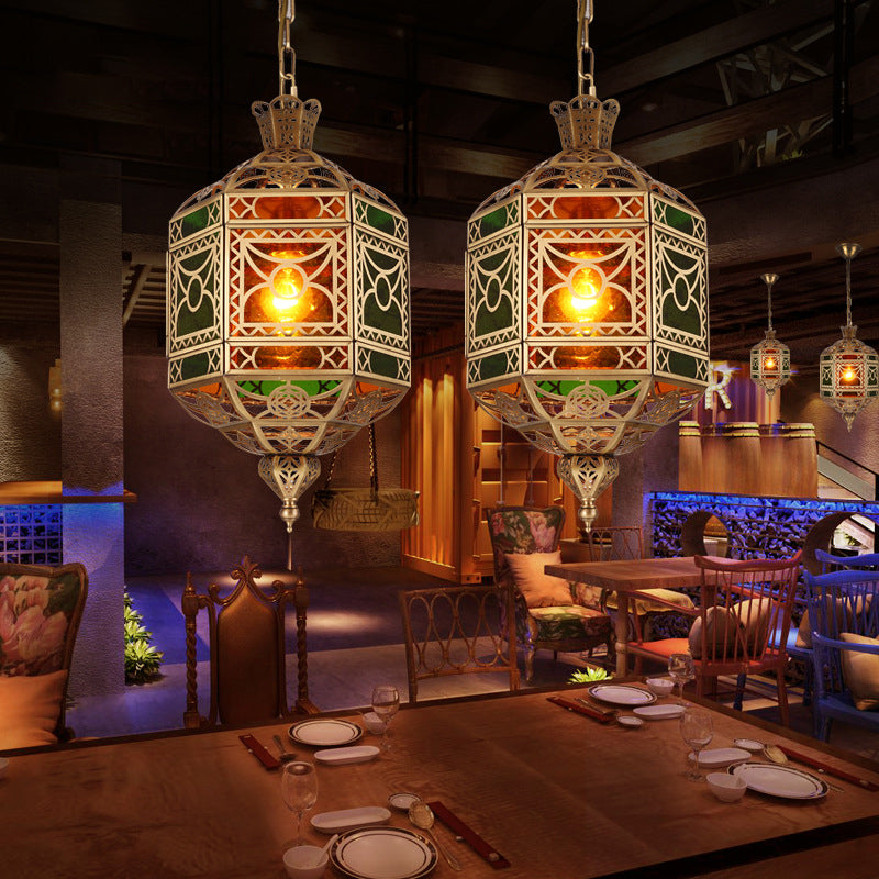 Traditional Vintage Muslim Hexagonal Prism Copper Glass 1-Light Pendant Light For Dining Room