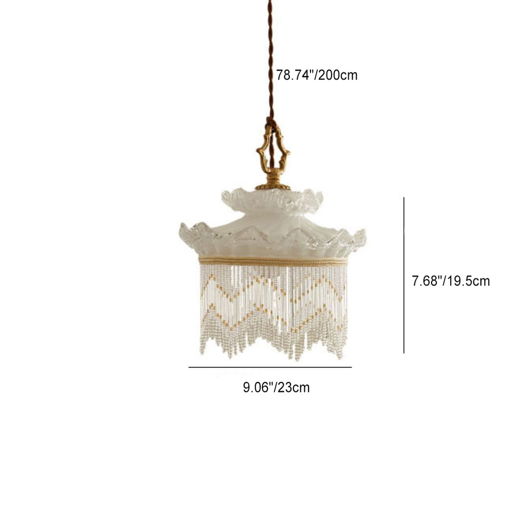 Traditional French Cream Tassel Round Glass Copper 1-Light Pendant Light For Bedroom