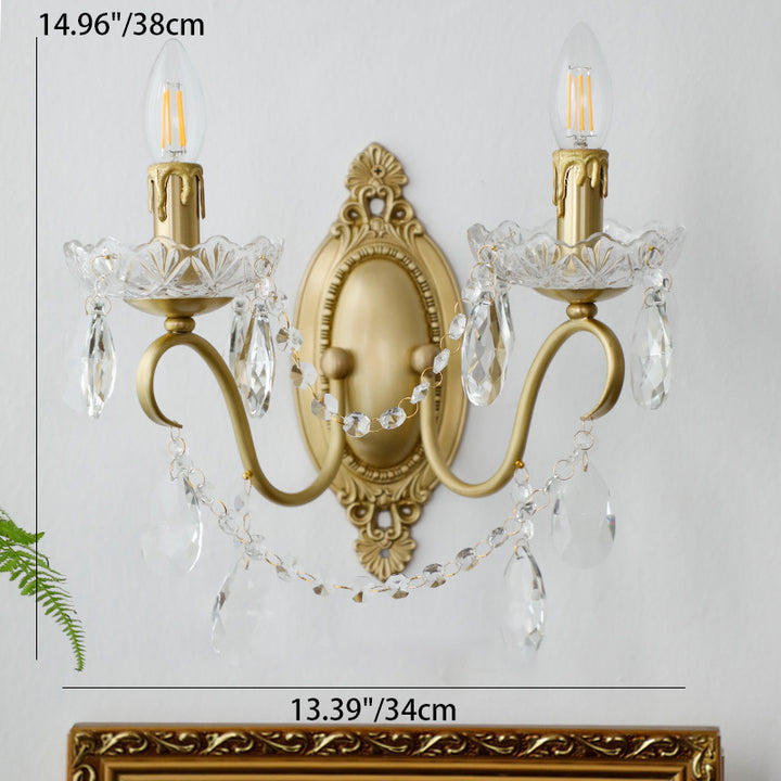 Lampe murale à deux lumières en cristal de cuivre en forme de bougie française traditionnelle pour chambre à coucher 