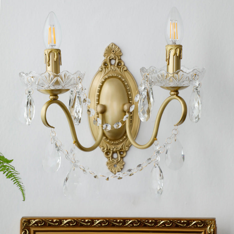Lampe murale à deux lumières en cristal de cuivre en forme de bougie française traditionnelle pour chambre à coucher 