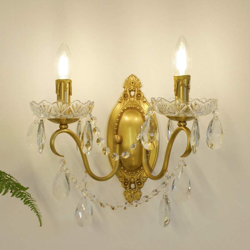 Lampe murale à deux lumières en cristal de cuivre en forme de bougie française traditionnelle pour chambre à coucher 