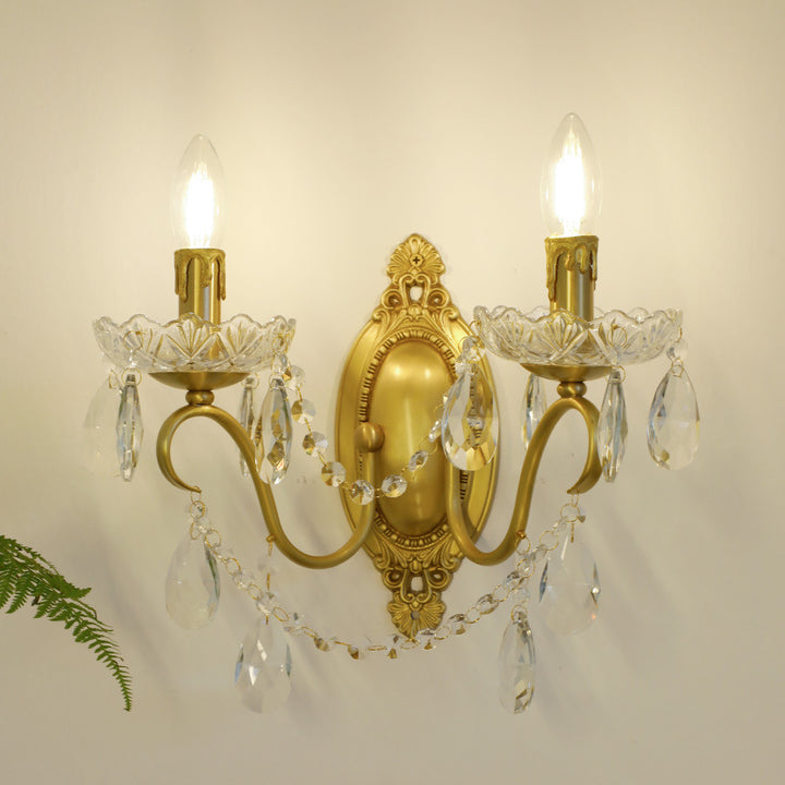 Lampe murale à deux lumières en cristal de cuivre en forme de bougie française traditionnelle pour chambre à coucher 