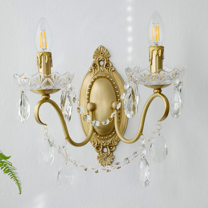 Lampe murale à deux lumières en cristal de cuivre en forme de bougie française traditionnelle pour chambre à coucher 