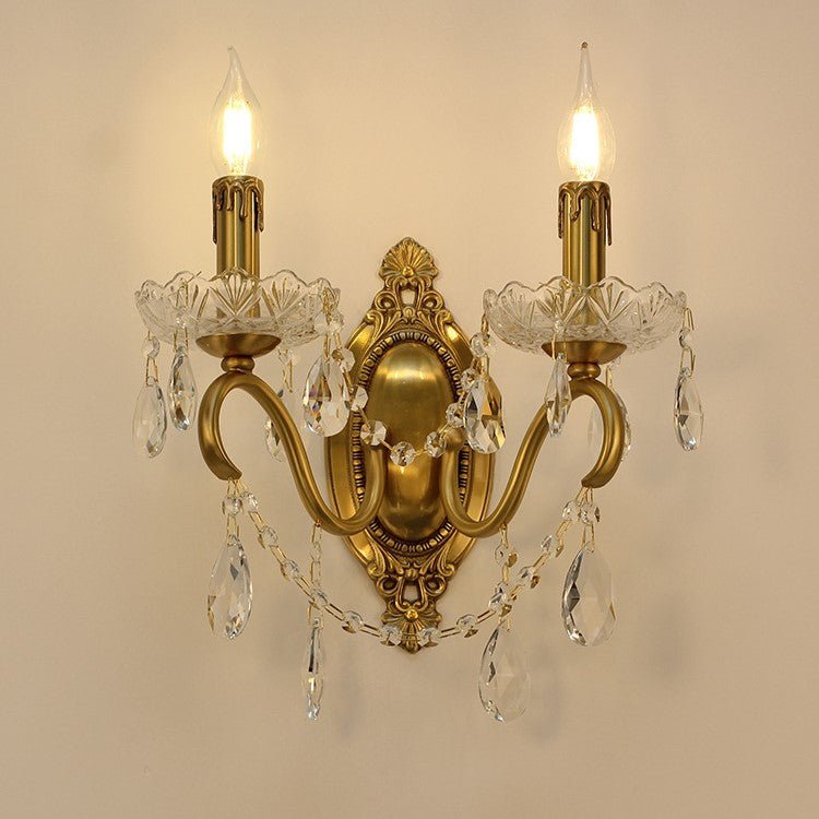 Lampe murale à deux lumières en cristal de cuivre en forme de bougie française traditionnelle pour chambre à coucher 