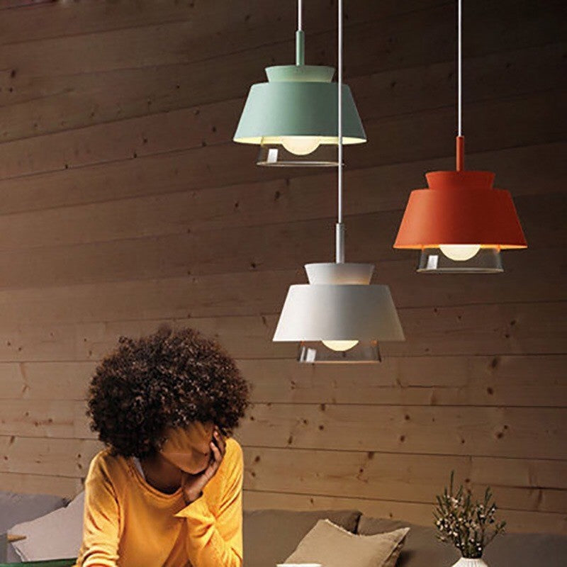 Lámpara colgante contemporánea escandinava de aluminio y vidrio redonda trapezoidal de 1 luz para dormitorio 