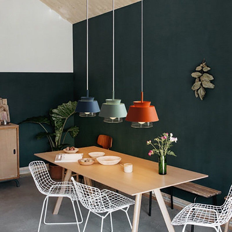 Lámpara colgante contemporánea escandinava de aluminio y vidrio redonda trapezoidal de 1 luz para dormitorio 