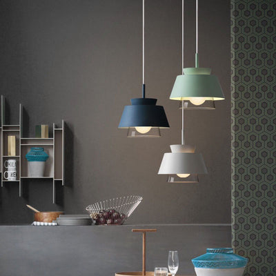 Lámpara colgante contemporánea escandinava de aluminio y vidrio redonda trapezoidal de 1 luz para dormitorio 