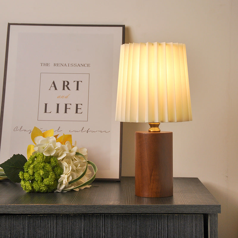 Lampe de table 1 lumière en tissu bois cylindrique plissé contemporain mi-siècle pour chambre 