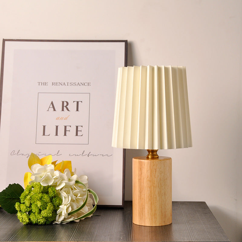 Lampe de table 1 lumière en tissu bois cylindrique plissé contemporain mi-siècle pour chambre 