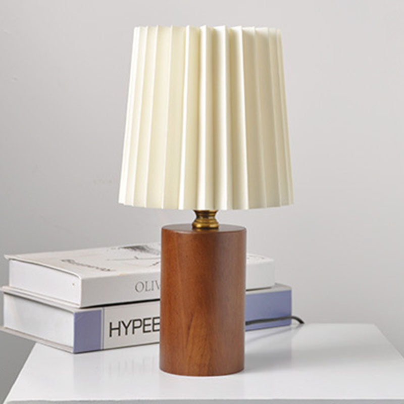 Lampe de table 1 lumière en tissu bois cylindrique plissé contemporain mi-siècle pour chambre 