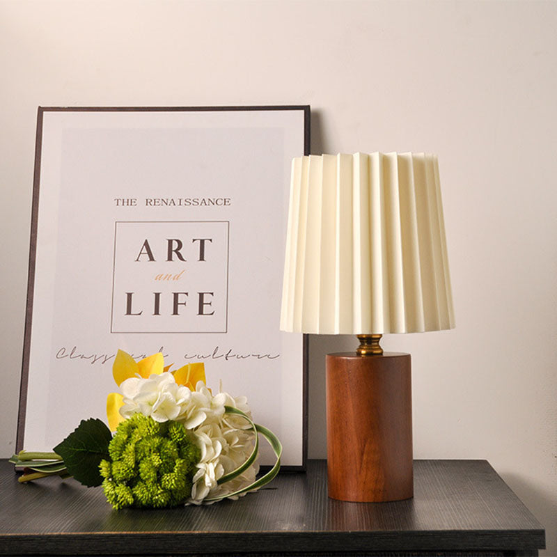 Lampe de table 1 lumière en tissu bois cylindrique plissé contemporain mi-siècle pour chambre 