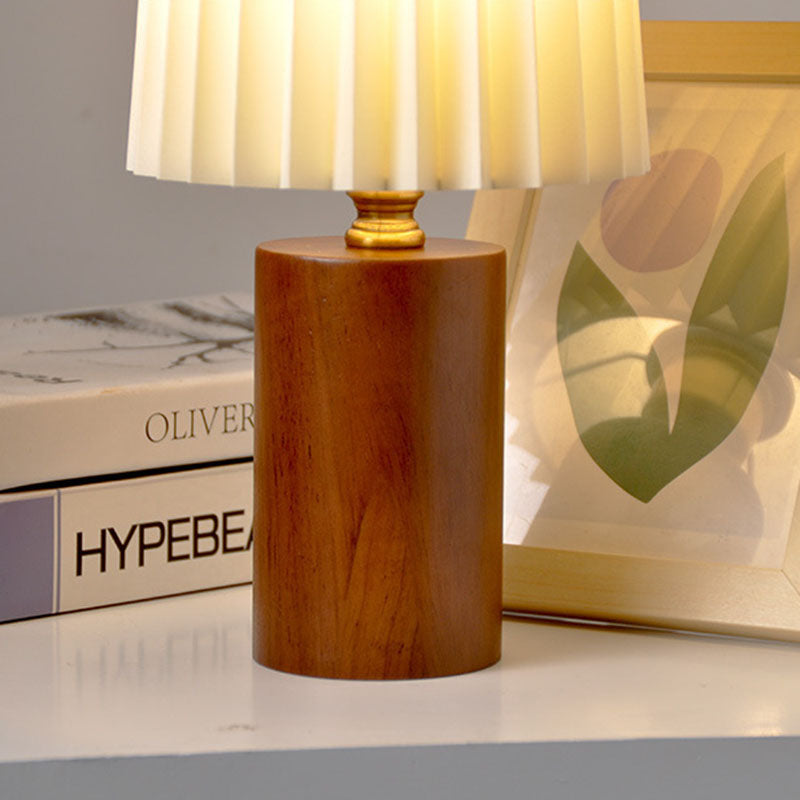 Lampe de table 1 lumière en tissu bois cylindrique plissé contemporain mi-siècle pour chambre 