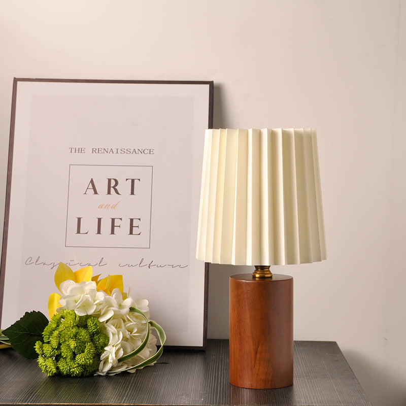 Lampe de table 1 lumière en tissu bois cylindrique plissé contemporain mi-siècle pour chambre 